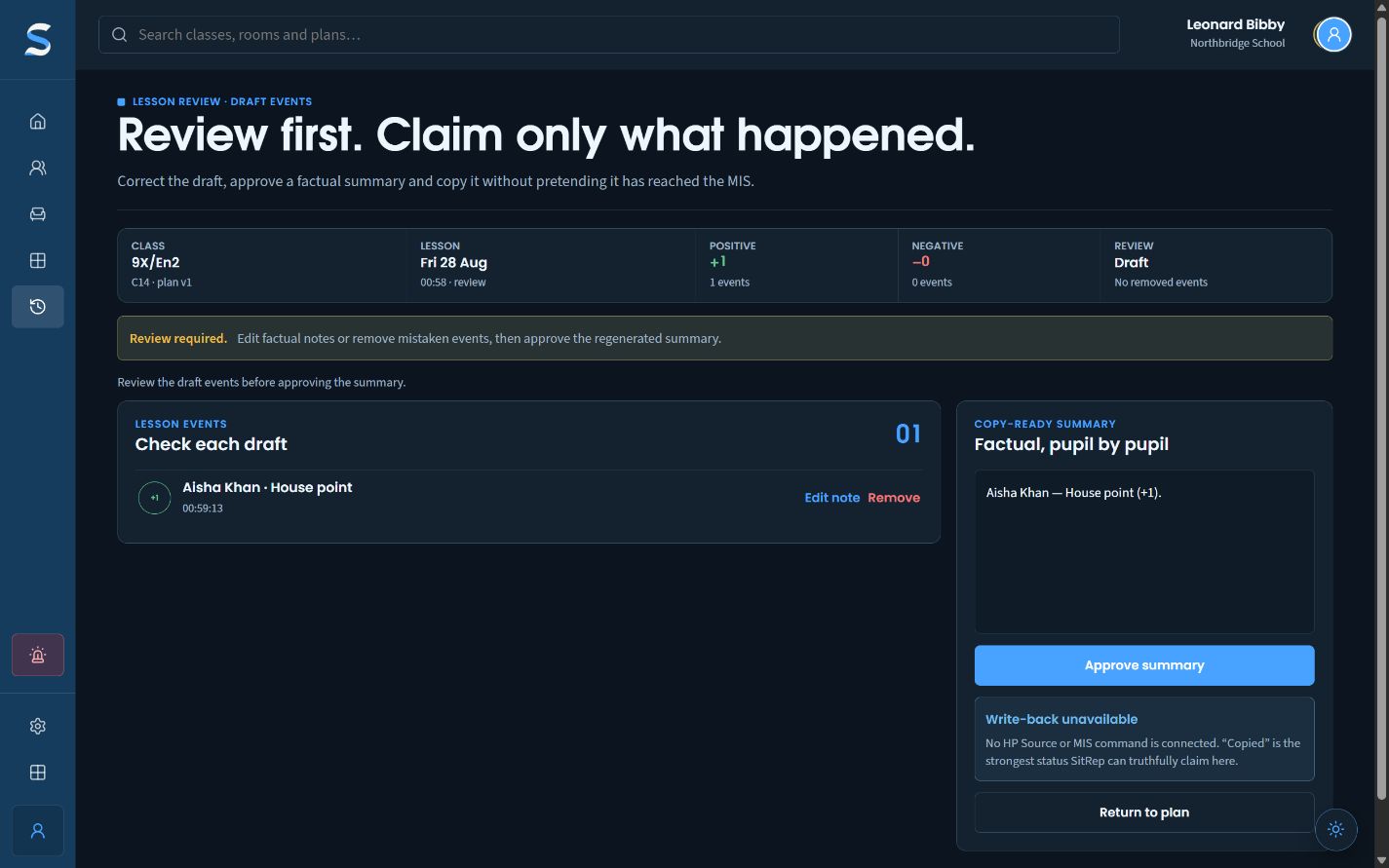 The corrected dark-mode lesson review with one factual draft and a copy-ready summary.