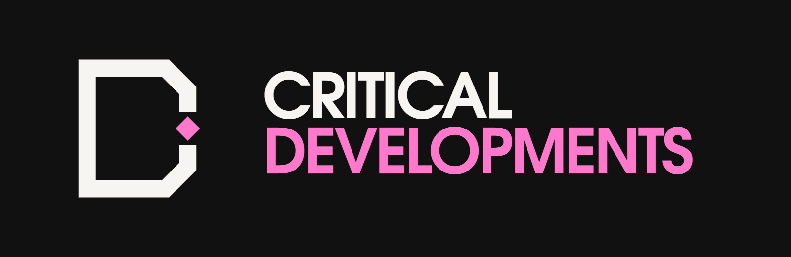 Critical Developments horizontal lock-up in warm paper and pink on black.