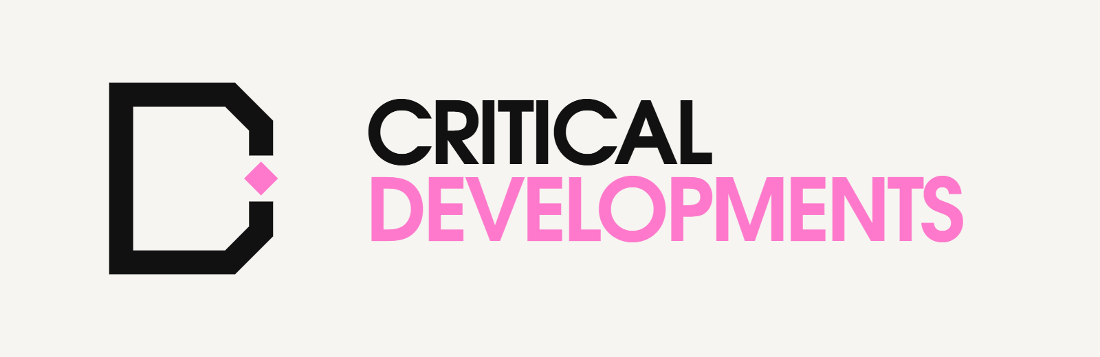 Critical Developments horizontal lock-up in black and pink on warm paper.