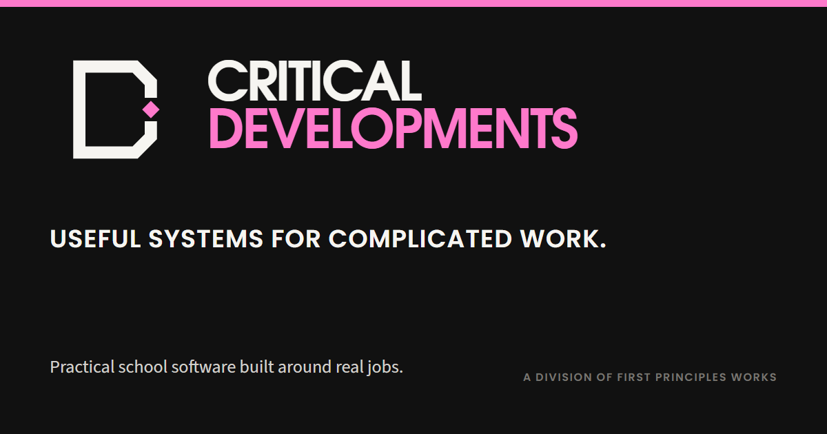Critical Developments social card with the division lock-up and the strapline Useful systems for complicated work.